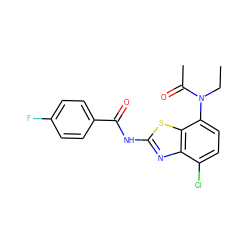 CCN(C(C)=O)c1ccc(Cl)c2nc(NC(=O)c3ccc(F)cc3)sc12 ZINC000053244079