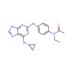 CCN(C(C)=O)c1ccc(Nc2nc(NC3CC3)c3nc[nH]c3n2)cc1 ZINC000063539193