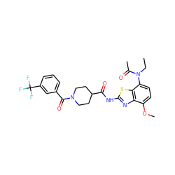 CCN(C(C)=O)c1ccc(OC)c2nc(NC(=O)C3CCN(C(=O)c4cccc(C(F)(F)F)c4)CC3)sc12 ZINC000071296492