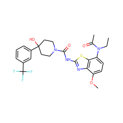 CCN(C(C)=O)c1ccc(OC)c2nc(NC(=O)N3CCC(O)(c4cccc(C(F)(F)F)c4)CC3)sc12 ZINC000071318129