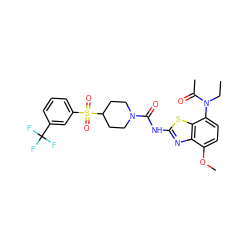 CCN(C(C)=O)c1ccc(OC)c2nc(NC(=O)N3CCC(S(=O)(=O)c4cccc(C(F)(F)F)c4)CC3)sc12 ZINC000071296491