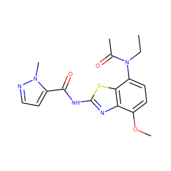 CCN(C(C)=O)c1ccc(OC)c2nc(NC(=O)c3ccnn3C)sc12 ZINC000053276549