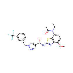 CCN(C(C)=O)c1ccc(OC)c2nc(NC(=O)c3cnn(Cc4cccc(C(F)(F)F)c4)c3)sc12 ZINC000053242965