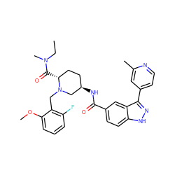 CCN(C)C(=O)[C@@H]1CC[C@@H](NC(=O)c2ccc3[nH]nc(-c4ccnc(C)c4)c3c2)CN1Cc1c(F)cccc1OC ZINC000144956679