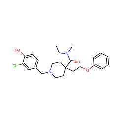 CCN(C)C(=O)C1(CCOc2ccccc2)CCN(Cc2ccc(O)c(Cl)c2)CC1 ZINC000095665440