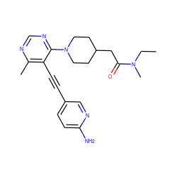 CCN(C)C(=O)CC1CCN(c2ncnc(C)c2C#Cc2ccc(N)nc2)CC1 ZINC000149314810