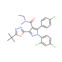 CCN(C)C(=O)c1c(-c2nnc(C(C)(C)C)o2)nn(-c2ccc(Cl)cc2Cl)c1-c1ccc(Cl)cc1 ZINC000042851821