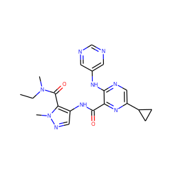 CCN(C)C(=O)c1c(NC(=O)c2nc(C3CC3)cnc2Nc2cncnc2)cnn1C ZINC000169701825