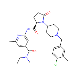 CCN(C)C(=O)c1cc(C)nc(NC(=O)[C@H]2CCC(=O)N2C2CCN(Cc3ccc(Cl)c(C)c3)CC2)c1 ZINC000116815889