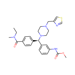 CCN(C)C(=O)c1ccc([C@H](c2cccc(NC(=O)OC)c2)N2CCN(Cc3cscn3)CC2)cc1 ZINC000073164543