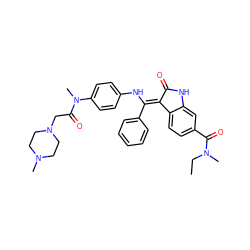 CCN(C)C(=O)c1ccc2c(c1)NC(=O)/C2=C(\Nc1ccc(N(C)C(=O)CN2CCN(C)CC2)cc1)c1ccccc1 ZINC000101372848