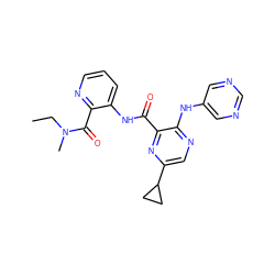 CCN(C)C(=O)c1ncccc1NC(=O)c1nc(C2CC2)cnc1Nc1cncnc1 ZINC000169701822