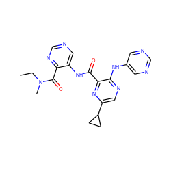 CCN(C)C(=O)c1ncncc1NC(=O)c1nc(C2CC2)cnc1Nc1cncnc1 ZINC000169701826