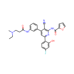 CCN(C)CCC(=O)Nc1cccc(-c2cc(-c3ccc(F)cc3O)nc(NC(=O)c3ccco3)c2C#N)c1 ZINC000053226573