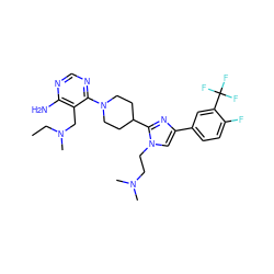 CCN(C)Cc1c(N)ncnc1N1CCC(c2nc(-c3ccc(F)c(C(F)(F)F)c3)cn2CCN(C)C)CC1 ZINC000218710717