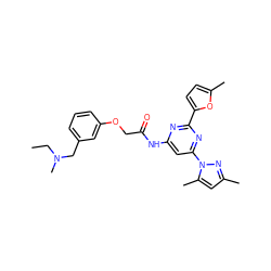 CCN(C)Cc1cccc(OCC(=O)Nc2cc(-n3nc(C)cc3C)nc(-c3ccc(C)o3)n2)c1 ZINC000029041672