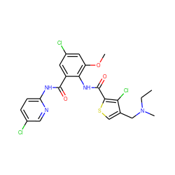 CCN(C)Cc1csc(C(=O)Nc2c(OC)cc(Cl)cc2C(=O)Nc2ccc(Cl)cn2)c1Cl ZINC000014963034