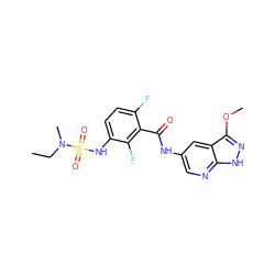 CCN(C)S(=O)(=O)Nc1ccc(F)c(C(=O)Nc2cnc3[nH]nc(OC)c3c2)c1F ZINC000072182493