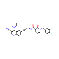 CCN(C)c1c(C#N)cnc2ccc(C#CCNC(=O)c3cccn(Cc4ccc(F)c(F)c4)c3=O)cc12 ZINC000096176357