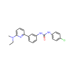 CCN(C)c1cccc(-c2cccc(NC(=O)Nc3ccc(Cl)cc3)c2)n1 ZINC000299837548