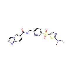 CCN(C)c1ncc(S(=O)(=O)c2ccc(CNC(=O)c3ccc4nccn4c3)nc2)s1 ZINC001772600810