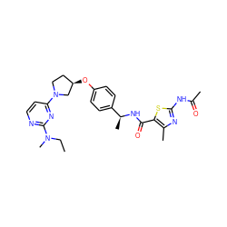 CCN(C)c1nccc(N2CC[C@@H](Oc3ccc([C@H](C)NC(=O)c4sc(NC(C)=O)nc4C)cc3)C2)n1 ZINC000261185445