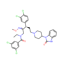 CCN(C/C(=N\OC)[C@H](CCN1CCC(n2c(=O)[nH]c3ccccc32)CC1)c1ccc(Cl)c(Cl)c1)C(=O)c1cc(Cl)cc(Cl)c1 ZINC000026401750