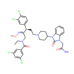 CCN(C/C(=N\OC)[C@H](CCN1CCC(n2c(=O)n(CC(N)=O)c3ccccc32)CC1)c1ccc(Cl)c(Cl)c1)C(=O)c1cc(Cl)cc(Cl)c1 ZINC000095541927