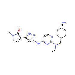 CCN(C[C@H]1CC[C@H](N)CC1)c1nccc(Nc2cc([C@H]3CCN(C)C3=O)[nH]n2)n1 ZINC000473095762