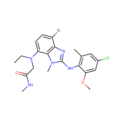 CCN(CC(=O)NC)c1ccc(Br)c2nc(Nc3c(C)cc(Cl)cc3OC)n(C)c12 ZINC001772610659