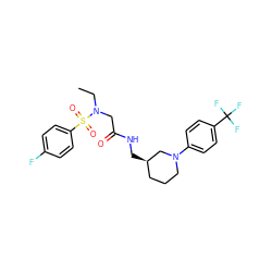 CCN(CC(=O)NC[C@@H]1CCCN(c2ccc(C(F)(F)F)cc2)C1)S(=O)(=O)c1ccc(F)cc1 ZINC000209391143