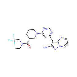 CCN(CC(F)(F)F)C(=O)[C@@H]1CCCN(c2cc(-c3c(N)nn4cccnc34)ncn2)C1 ZINC000045259083