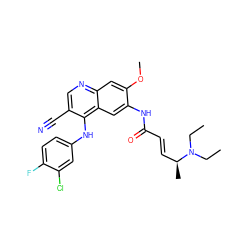 CCN(CC)[C@@H](C)/C=C/C(=O)Nc1cc2c(Nc3ccc(F)c(Cl)c3)c(C#N)cnc2cc1OC ZINC000013492816