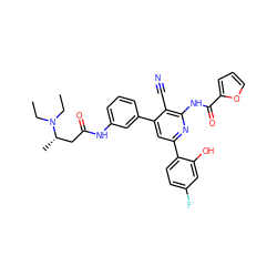 CCN(CC)[C@@H](C)CC(=O)Nc1cccc(-c2cc(-c3ccc(F)cc3O)nc(NC(=O)c3ccco3)c2C#N)c1 ZINC000053294168