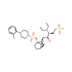 CCN(CC)[C@@H](CCS(C)(=O)=O)C(=O)N[C@H]1C[C@H]2CC[C@]1(CS(=O)(=O)N1CCN(c3ccccc3C)CC1)C2(C)C ZINC000027642587