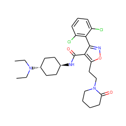 CCN(CC)[C@H]1CC[C@H](NC(=O)c2c(-c3c(Cl)cccc3Cl)noc2CCN2CCCCC2=O)CC1 ZINC000261174486