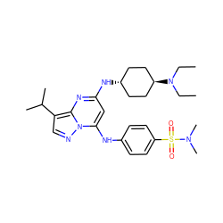 CCN(CC)[C@H]1CC[C@H](Nc2cc(Nc3ccc(S(=O)(=O)N(C)C)cc3)n3ncc(C(C)C)c3n2)CC1 ZINC000253637550