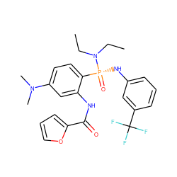 CCN(CC)[P@](=O)(Nc1cccc(C(F)(F)F)c1)c1ccc(N(C)C)cc1NC(=O)c1ccco1 ZINC000003190529