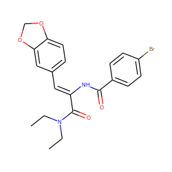 CCN(CC)C(=O)/C(=C/c1ccc2c(c1)OCO2)NC(=O)c1ccc(Br)cc1 ZINC000008691057