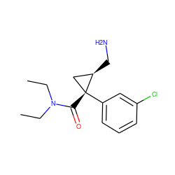 CCN(CC)C(=O)[C@@]1(c2cccc(Cl)c2)C[C@H]1CN ZINC000001846953