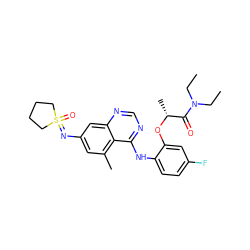 CCN(CC)C(=O)[C@@H](C)Oc1cc(F)ccc1Nc1ncnc2cc(N=S3(=O)CCCC3)cc(C)c12 ZINC001772622506