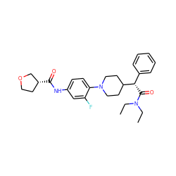 CCN(CC)C(=O)[C@@H](c1ccccc1)C1CCN(c2ccc(NC(=O)[C@@H]3CCOC3)cc2F)CC1 ZINC000103227738