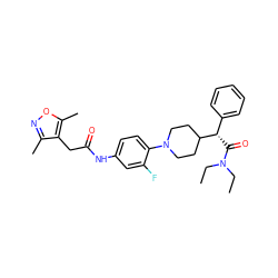 CCN(CC)C(=O)[C@@H](c1ccccc1)C1CCN(c2ccc(NC(=O)Cc3c(C)noc3C)cc2F)CC1 ZINC000103227754