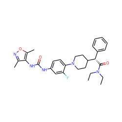 CCN(CC)C(=O)[C@@H](c1ccccc1)C1CCN(c2ccc(NC(=O)Nc3c(C)noc3C)cc2F)CC1 ZINC000096272895