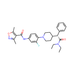 CCN(CC)C(=O)[C@@H](c1ccccc1)C1CCN(c2ccc(NC(=O)c3c(C)noc3C)cc2F)CC1 ZINC000096272897