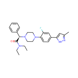 CCN(CC)C(=O)[C@@H](c1ccccc1)N1CCN(c2ccc(-c3cc(C)n[nH]3)cc2F)CC1 ZINC000103226313