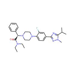 CCN(CC)C(=O)[C@@H](c1ccccc1)N1CCN(c2ccc(-c3nc(C(C)C)n(C)n3)cc2F)CC1 ZINC000103226294