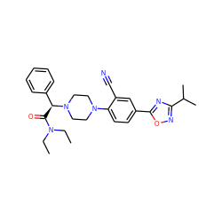 CCN(CC)C(=O)[C@@H](c1ccccc1)N1CCN(c2ccc(-c3nc(C(C)C)no3)cc2C#N)CC1 ZINC000043206459