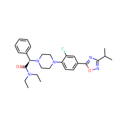 CCN(CC)C(=O)[C@@H](c1ccccc1)N1CCN(c2ccc(-c3nc(C(C)C)no3)cc2F)CC1 ZINC000103226275