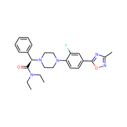 CCN(CC)C(=O)[C@@H](c1ccccc1)N1CCN(c2ccc(-c3nc(C)no3)cc2F)CC1 ZINC000043206457